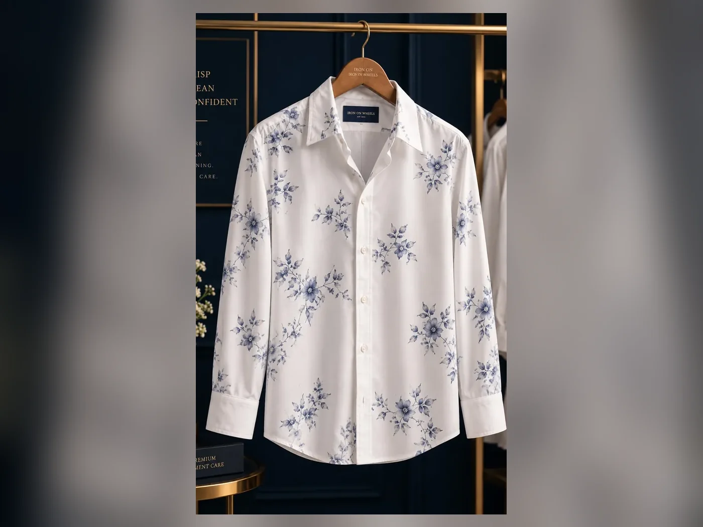 The same shirt after professional pressing — crisp and square