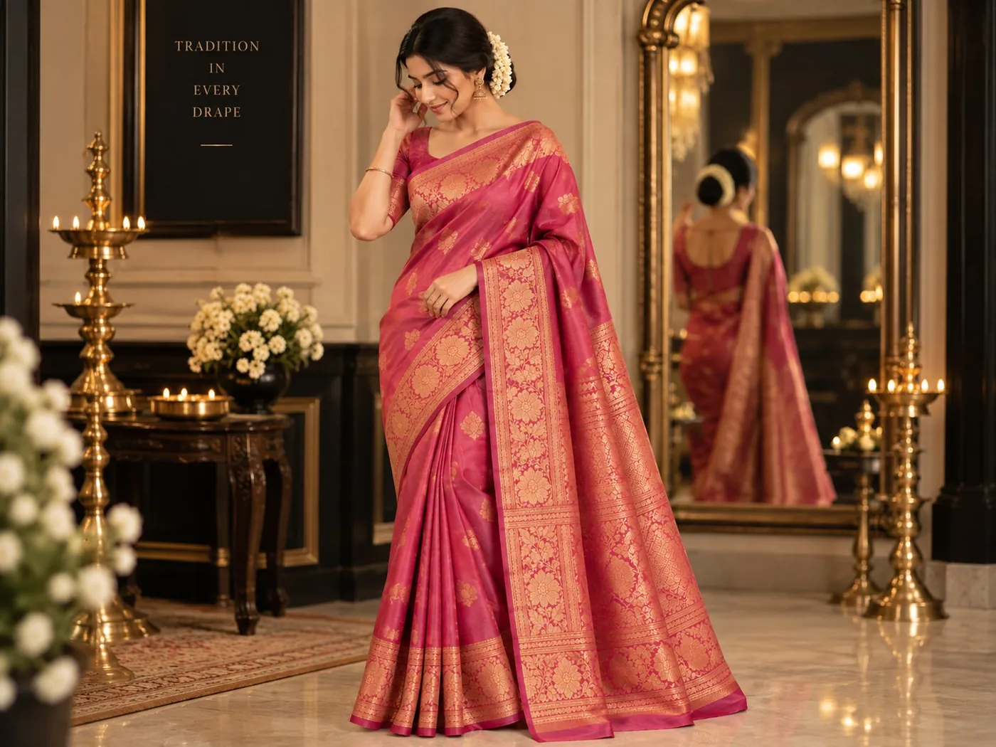 A silk saree worn draped, the pleats even and the pallu set