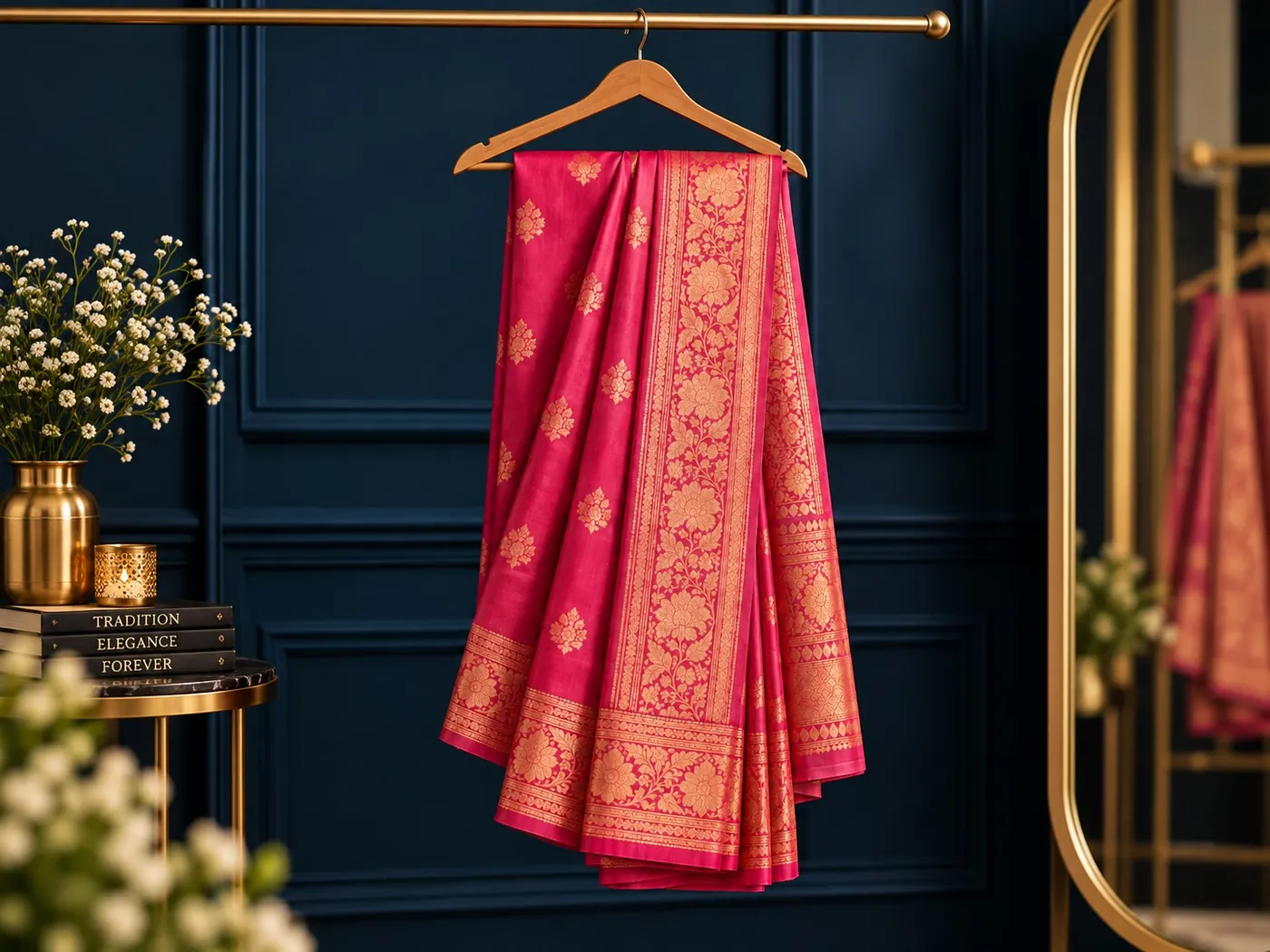 A pleated saree hanging ready, its zari border in view
