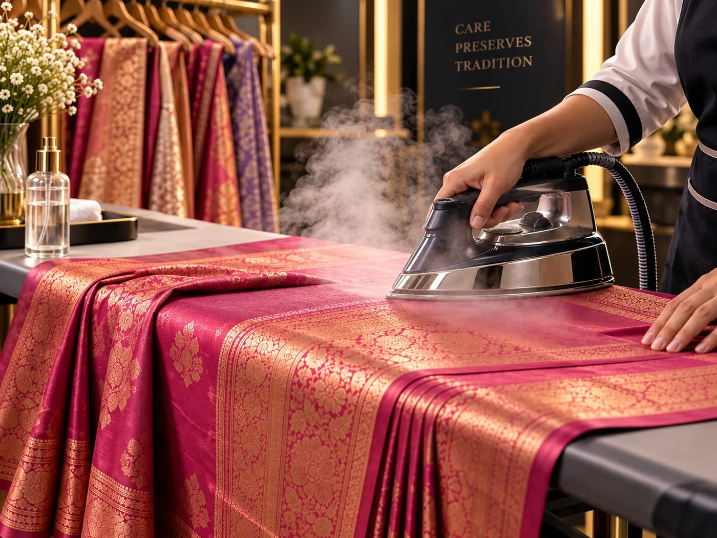 A silk saree being pressed by hand with a steam iron